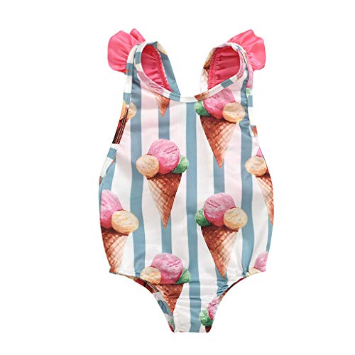 YWLINK Traje De BañO Bebé NiñO NiñA Bikini con Estampado De Rayas De Helado De Dibujos Animados Ropa De Playa Mono con Volantes Y Lazo Sin Mangas Nadar/BañArse/Aguas Termales(Rosado,6-12 Meses)