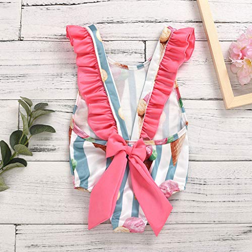 YWLINK Traje De BañO Bebé NiñO NiñA Bikini con Estampado De Rayas De Helado De Dibujos Animados Ropa De Playa Mono con Volantes Y Lazo Sin Mangas Nadar/BañArse/Aguas Termales(Rosado,6-12 Meses)