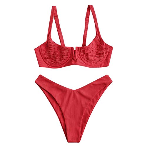 ZAFUL Bikini acanalado estriado para mujer, conjunto V muesca Smocked Balconette Badeanzug High Cut Bikini push up rojo L