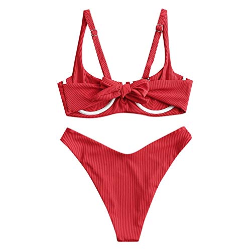 ZAFUL Bikini acanalado estriado para mujer, conjunto V muesca Smocked Balconette Badeanzug High Cut Bikini push up rojo L