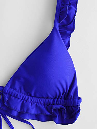 ZAFUL Bikini acolchado para mujer, triangular, con volantes y corbata de corte alto. azul S