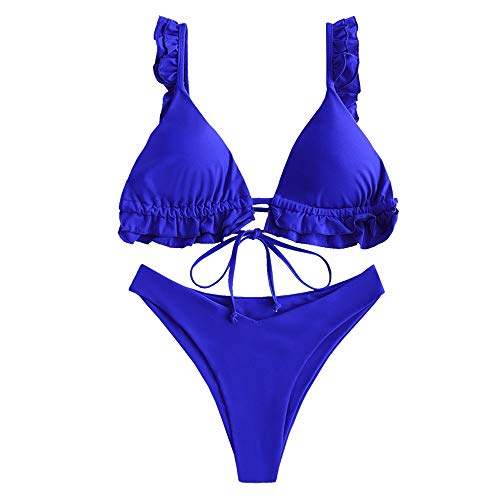 ZAFUL Bikini acolchado para mujer, triangular, con volantes y corbata de corte alto. azul S