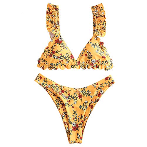 ZAFUL - Bikini acolchado para mujer, triangular, copa y volantes, corbata de corte alto amarillo S