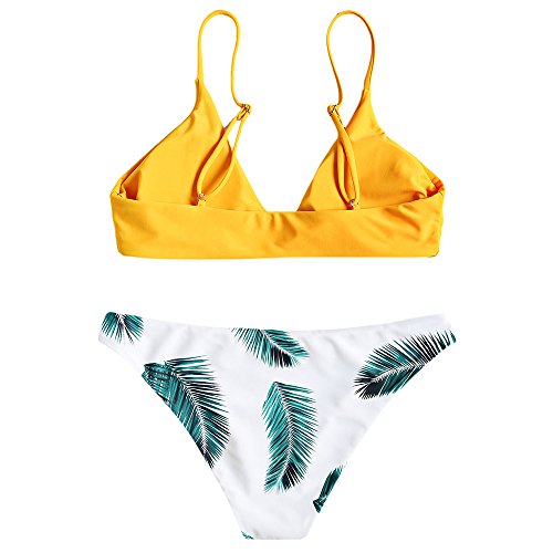 Zaful Bikini acolchado push-up para mujer con diseño de hojas Abeja amarilla. S