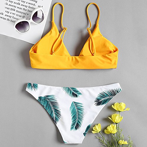 Zaful Bikini acolchado push-up para mujer con diseño de hojas Abeja amarilla. S