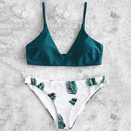 Zaful Bikini acolchado push-up para mujer con diseño de hojas azul pavo real L