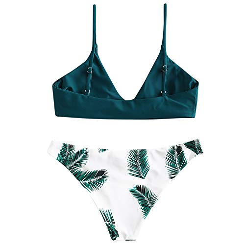 Zaful Bikini acolchado push-up para mujer con diseño de hojas azul pavo real S