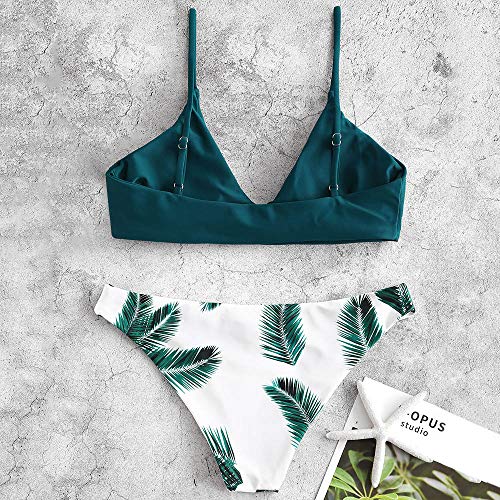 Zaful Bikini acolchado push-up para mujer con diseño de hojas azul pavo real S
