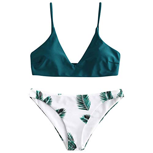 Zaful Bikini acolchado push-up para mujer con diseño de hojas azul pavo real S