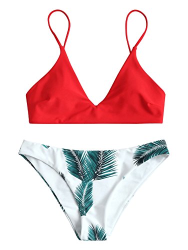 Zaful Bikini acolchado push-up para mujer con diseño de hojas rojo L