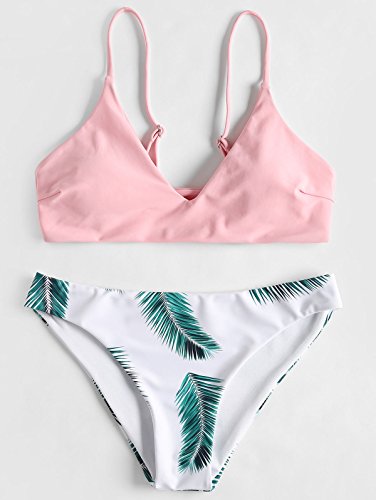 Zaful Bikini acolchado push-up para mujer con diseño de hojas Rosa. L