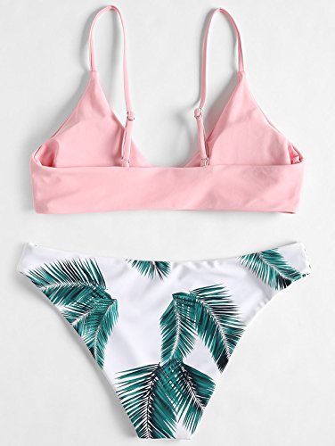 Zaful Bikini acolchado push-up para mujer con diseño de hojas Rosa. L