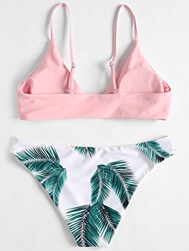 Zaful Bikini acolchado push-up para mujer con diseño de hojas Rosa. M