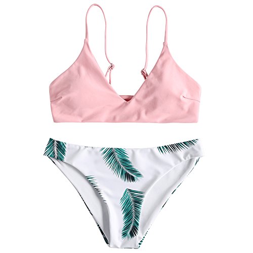 Zaful Bikini acolchado push-up para mujer con diseño de hojas Rosa. M