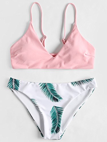 Zaful Bikini acolchado push-up para mujer con diseño de hojas Rosa. M