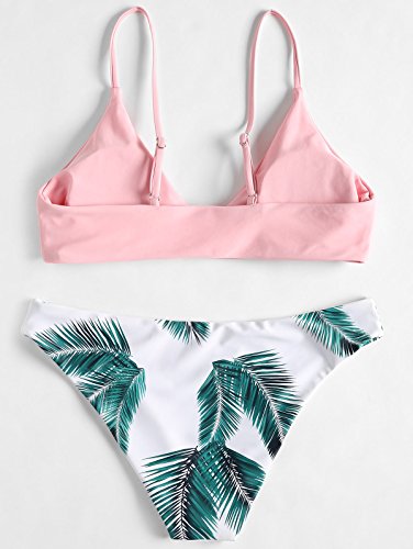 Zaful Bikini acolchado push-up para mujer con diseño de hojas Rosa. S