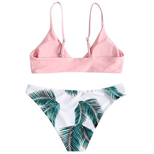 Zaful Bikini acolchado push-up para mujer con diseño de hojas Rosa. S