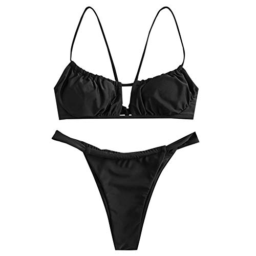 ZAFUL - Bikini con volantes para mujer Negro S