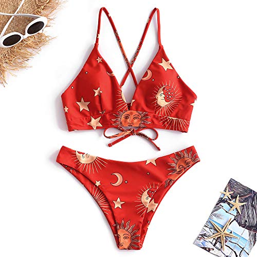 Zaful - Bikini de baño - Tirantes trenzados - Estampada - Sujetador acolchado sin costuras - Braguita de cintura baja X-multi-a M