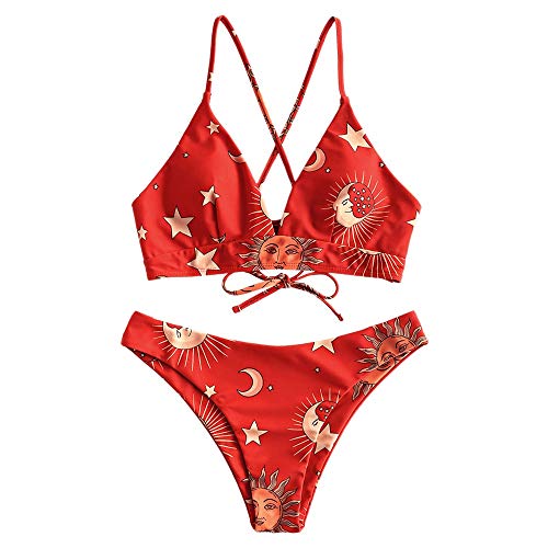 Zaful - Bikini de baño - Tirantes trenzados - Estampada - Sujetador acolchado sin costuras - Braguita de cintura baja X-multi-a M