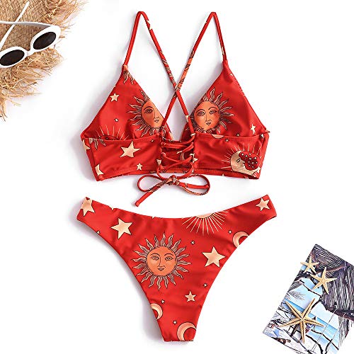Zaful - Bikini de baño - Tirantes trenzados - Estampada - Sujetador acolchado sin costuras - Braguita de cintura baja X-multi-a M