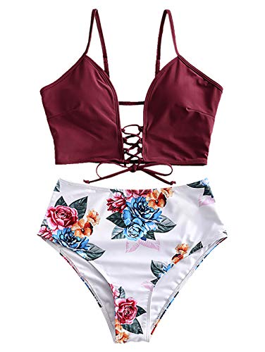 ZAFUL Bikini de cintura alta para mujer, diseño floral con hojas rojo S