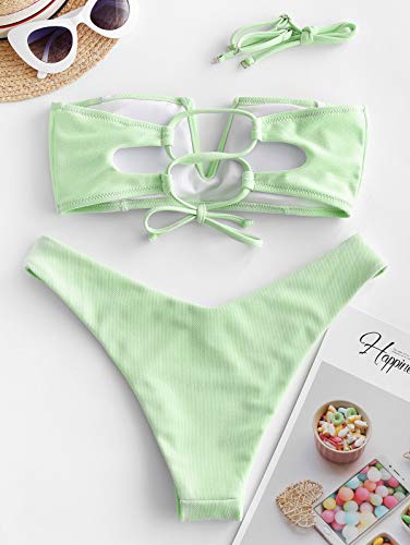 ZAFUL Bikini de corte alto para mujer con lazo. verde claro S