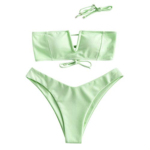 ZAFUL Bikini de corte alto para mujer con lazo. verde claro S