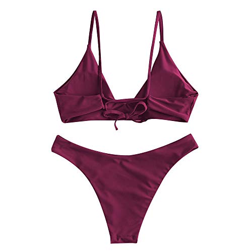 ZAFUL Bikini de dos piezas para mujer con lazo acolchado y correa de corte alto Rojo vino. S