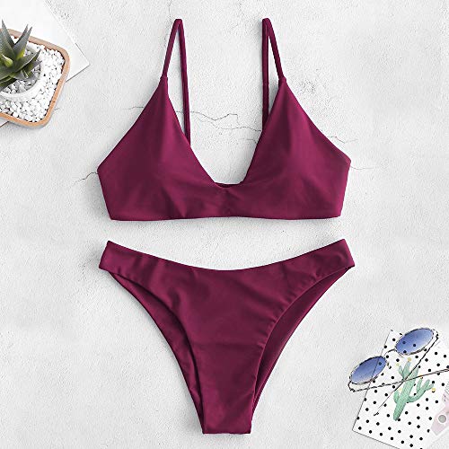 ZAFUL Bikini de dos piezas para mujer con lazo acolchado y correa de corte alto Rojo vino. S