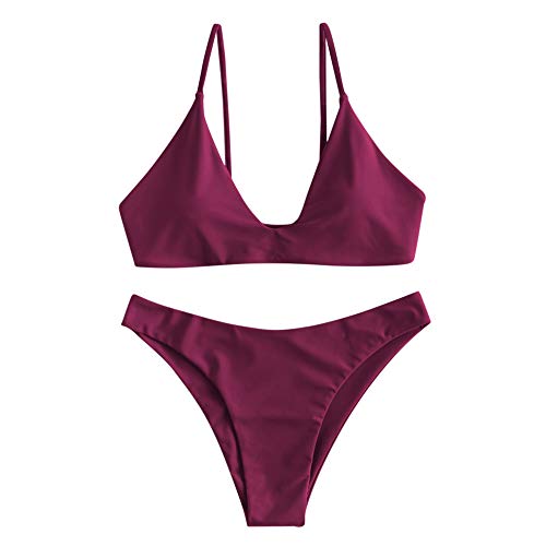 ZAFUL Bikini de dos piezas para mujer con lazo acolchado y correa de corte alto Rojo vino. S