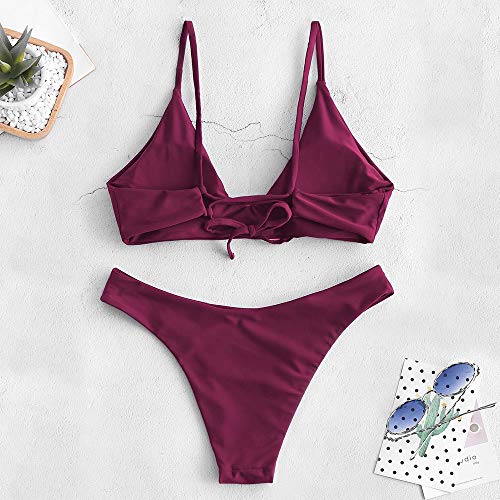 ZAFUL Bikini de dos piezas para mujer con lazo acolchado y correa de corte alto Rojo vino. S