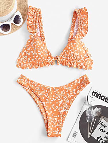 ZAFUL Bikini de dos piezas para mujer, diseño de flores y volantes, corte alto, traje de baño naranja S