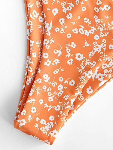 ZAFUL Bikini de dos piezas para mujer, diseño de flores y volantes, corte alto, traje de baño naranja S