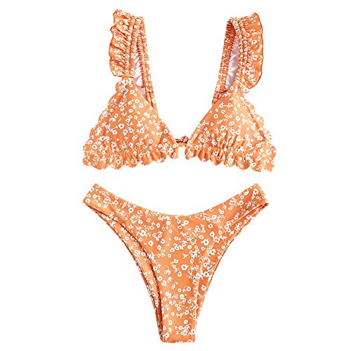 ZAFUL Bikini de dos piezas para mujer, diseño de flores y volantes, corte alto, traje de baño naranja S