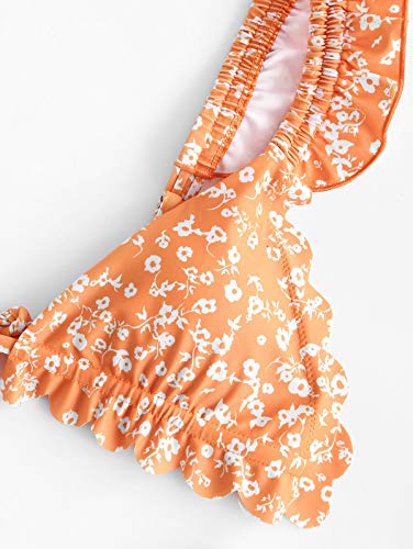 ZAFUL Bikini de dos piezas para mujer, diseño de flores y volantes, corte alto, traje de baño naranja S