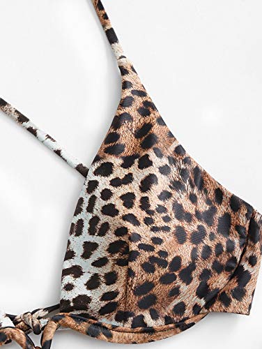 ZAFUL - Bikini de dos piezas para mujer, diseño de leopardo Criss Cross Push Up de corte alto y acolchado marrón S