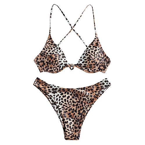 ZAFUL - Bikini de dos piezas para mujer, diseño de leopardo Criss Cross Push Up de corte alto y acolchado marrón S