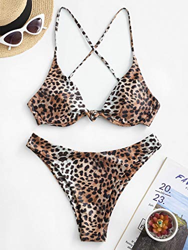ZAFUL - Bikini de dos piezas para mujer, diseño de leopardo Criss Cross Push Up de corte alto y acolchado marrón S