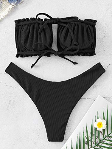 ZAFUL - Bikini de mujer sin tirantes con cordones y fruncido color negro L
