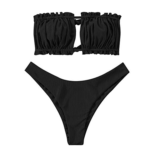 ZAFUL - Bikini de mujer sin tirantes con cordones y fruncido color negro L