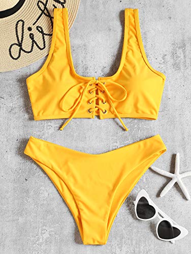 ZAFUL - Bikini deportivo para mujer, con escote en U Amarillo claro. M