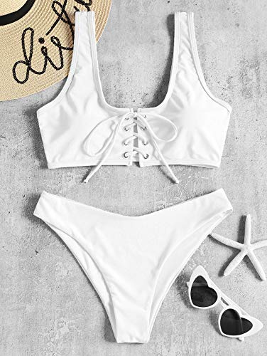 ZAFUL - Bikini deportivo para mujer, con escote en U Blanco S