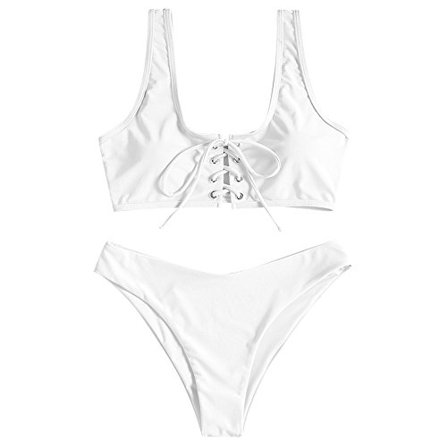 ZAFUL - Bikini deportivo para mujer, con escote en U Blanco S