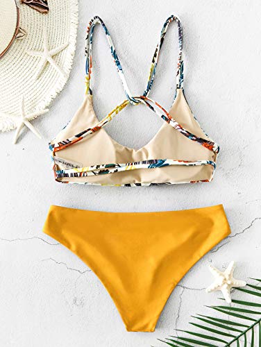 ZAFUL Bikini para mujer con estampado de hojas y tirantes. amarillo L