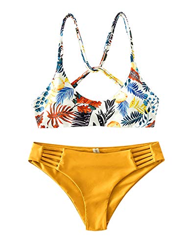 ZAFUL Bikini para mujer con estampado de hojas y tirantes. amarillo L