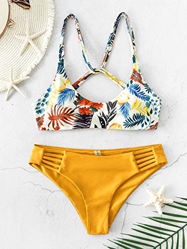ZAFUL Bikini para mujer con estampado de hojas y tirantes. amarillo L