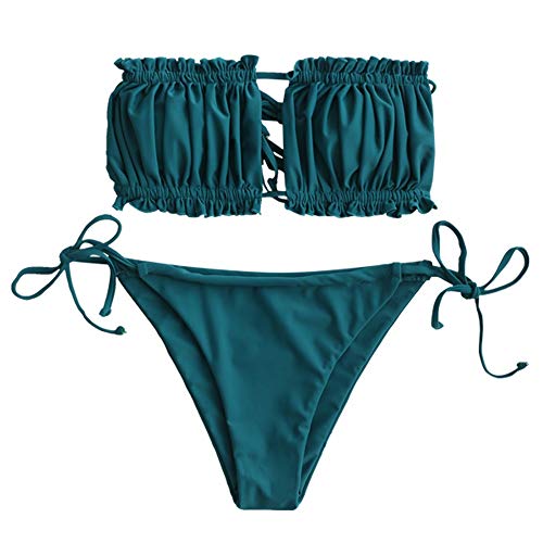 ZAFUL Bikini para mujer con hombros descubiertos, con cordón y volantes, corte alto, monocolor azul pavo real S