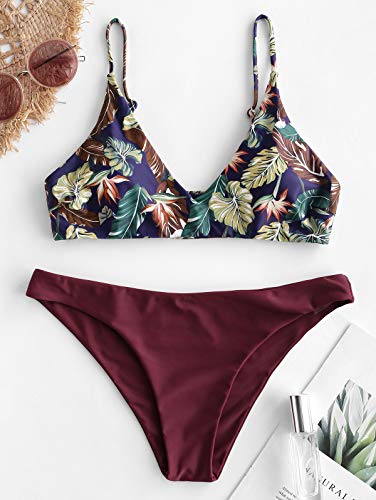 ZAFUL - Bikini para mujer, de 2 piezas, diseño de hoja tropical rojo vino M