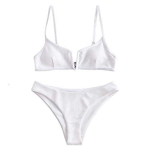 ZAFUL Bikini Set con Relleno Escote en V Tirantes Regulables Traje de Baño para Mujer 2019 (Blanco, S (EU.36))